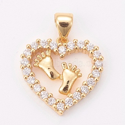 Brass Micro Pave Cubic Zirconia Pendants, Heart with Foot, Clear, Golden, 16x16x3mm, Hole: 3.5x4mm(ZIRC-K076-08G)