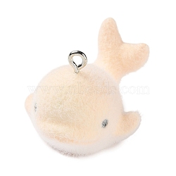 Flocking Opaque Resin Pendants,  Whale Charm, with Platinum Iron Loop, PeachPuff, 22.5x24.5x32.5mm, Hole: 2mm(RESI-D017-02B-P)