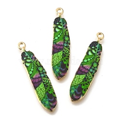 Alloy Enamel Pendants, Golden, Feather Charm, Lime Green, 38x8.5x1.5mm, Hole: 1.6mm(FIND-G078-34G-05)