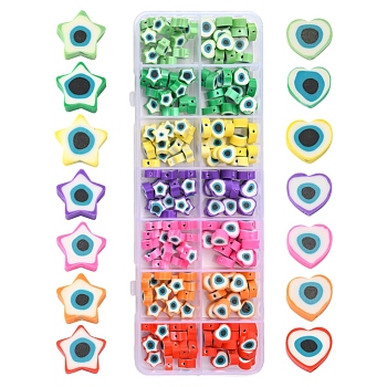 210Pcs 14 Style Handmade Polymer Clay Beads, Heart & Star with Evil Eye, Mixed Color, 8.5~9x9~9.5x3.5~4.5mm, Hole: 1.4mm, 15pcs/style