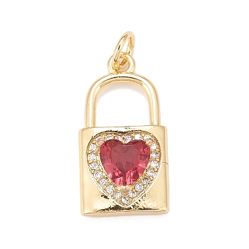 Brass Micro Pave Cubic Zirconia Pendants, Real 18K Gold Plated, Lead Free & Cadmium Free, Lock, Cerise, 20x11x5mm, Hole: 3mm