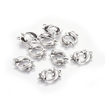 Tibetan Style Alloy Links connectors, Ocean Theme, Lead Free & Nickel Free & Cadmium Free, Double Dolphin, Thailand Sterling Silver Plated, 14x21.5x3mm, Hole: 1.6mm