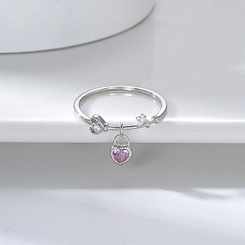 Rhodium Plated 925 Sterling Silver Finger Ring with Cubic Zirconia Heart Pad Charms, with S925 Stamp, Real Platinum Plated, US Size 9(18.9mm)