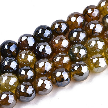 Electroplate Natural Agate Beads Strands, Dyed, Faceted, Pearl Luster Plated, Round, Peru, 8.5x7~8mm, Hole: 1.2mm, about 47~48pcs/strand, 13.78 inch~13.98 inch(35cm~35.5cm)