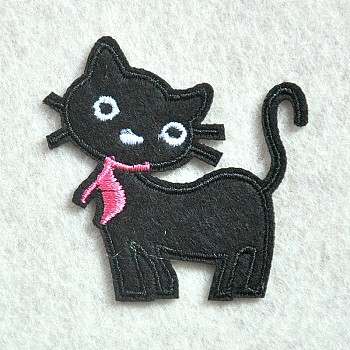Computerized Embroidery Cloth Iron on/Sew on Patches, Costume Accessories, Appliques, Cat Shape, Black, 50x50mm