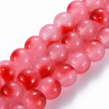 Spray Painted Glass Beads Strands, Round, Cerise, 8x7.5mm, Hole: 1.4mm, about 50~51pcs/strand, 14.57~14.96 inches(37~38cm)