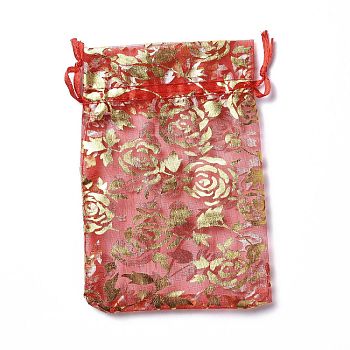 Organza Drawstring Jewelry Pouches, Wedding Party Gift Bags, Rectangle with Gold Stamping Rose Pattern, Red, 15x10x0.11cm