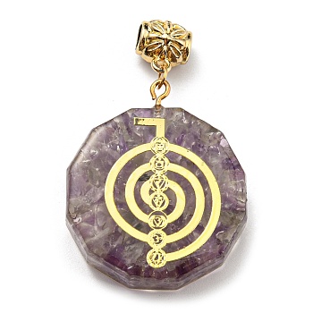 Natural Amethyst European Dangle Polygon Charms, Large Hole Pendant with Golden Plated Alloy Chakra Slice, 53mm, Hole: 5mm, Pendant: 39x35x11mm