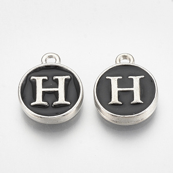Alloy Enamel Charms, Flat Round with Letter, Platinum, Black, Letter.H, 14x11.5x2.5mm, Hole: 1mm