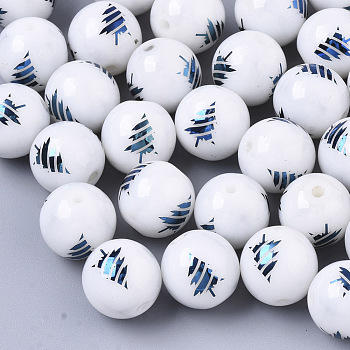 Christmas Opaque Glass Beads, Round with Electroplate Christmas Tree Pattern, Blue Plated, 10mm, Hole: 1.2mm
