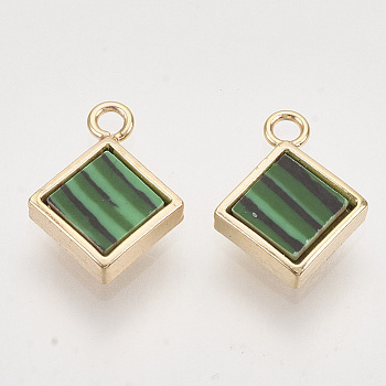 Synthetic Malachite Charms, with Brass Findings, Nickel Free, Rhombus, Real 18K Gold Plated, 10.5x8.5x2mm, Hole: 1.2mm, Side Length: 6mm
