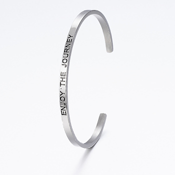 304 Stainless Steel Inspirational Cuff Bangles, with Enamel & Word Word Enter The Journey, Stainless Steel Color, 2-1/2 inchx2 inch(62x52mm)