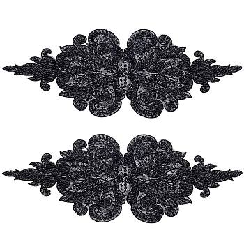 Flower Pattern Glass Bead Beading Appliques, Polyester Lace Appliques, with Sequins, Black, 120x305x3mm