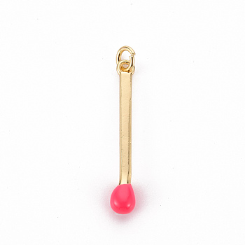 Brass Enamel Pendants, with Jump Ring, Cadmium Free & Nickel Free & Lead Free, Match, Real 16K Gold Plated, Cerise, 30x4.5mm, Jump Ring: 5x1mm, 3mm inner diameter