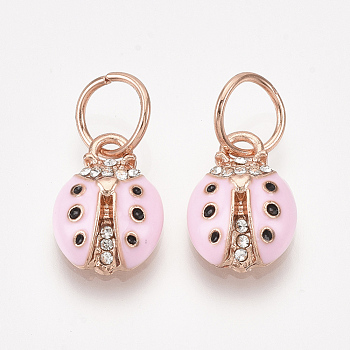 Alloy Charms, with Rhinestone and Enamel, Ladybug, Pink, Crystal, Rose Gold, 14.5x10x4mm, Hole: 6mm