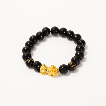 Natural Obsidian & Pi Xiu Stretch Bracelet, Om Mani Padme Hum Bracelet, Golden