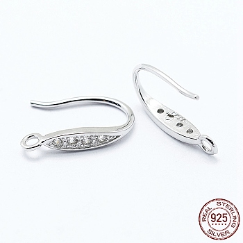 Rhodium Plated 925 Sterling Silver, with Micro Pave Cubic Zirconia Earring Hooks, with 925 Stamp, Platinum, 16x3mm, Hole: 1mm, 20 Gauge, Pin: 0.8mm