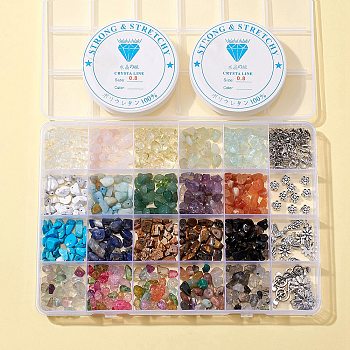 DIY Gemstone Bracelet Necklace Making Kit, Including Natural & Synthetic Mixed Gemstone Chips, Bird & Wing & Flower Alloy Pendants, Scissors, Mixed Color, Chips Beads: 160g/set