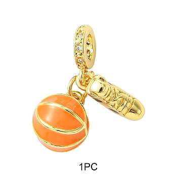 1Pc Sport Theme Brass Enamel European Dangle Charms, Basketball & Shoes Large Hole Pendants, Cadmium Free & Lead Free, Long-Lasting Plated, Real 18K Gold Plated, 26.5mm, Hole: 4.5mm