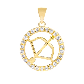 Brass Micro Pave Cubic Zirconia Pendants, Flat Round with Constellation Charm, Real 18K Gold Plated, Sagittarius, 16mm