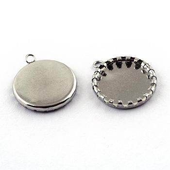 304 Stainless Steel Pendant Cabochon Open Back Settings, Serrated Edge Bezel Cups, Flat Round, Stainless Steel Color, Tray: 15mm, 20x17x3mm, Hole: 1.5mm