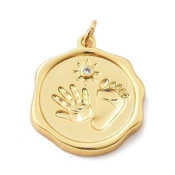 Rack Plating Brass Micro Pave Cubic Zirconia Pendants, Round with Palm Prints and Footprints, with Jump Ring, Lead Free & Cadmium Free, Long-Lasting Plated, Real 18K Gold Plated, Clear, 22.5x20x3.5mm, Hole: 3mm