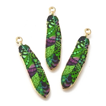 Alloy Enamel Pendants, Golden, Feather Charm, Lime Green, 38x8.5x1.5mm, Hole: 1.6mm