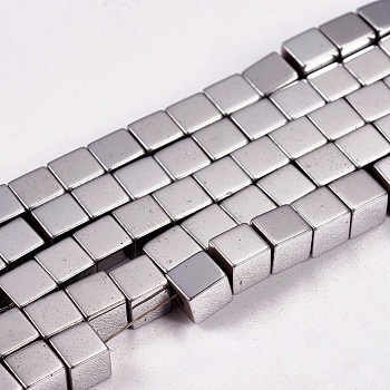 Electroplate Non-magnetic Synthetic Hematite Beads Strands, Cube, Grade A, Platinum Plated, 4x4x4mm, Hole: 1mm, about 91pcs/strand, 16 inch