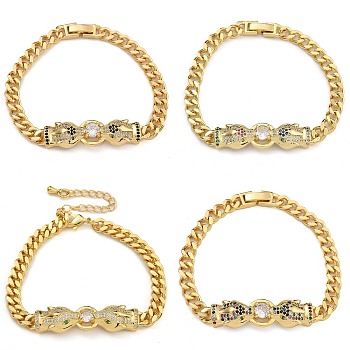 Brass Micro Pave Cubic Zirconia Bracelets, with Glass, Real 18K Gold Plated, Leopard, Mixed Color, 6-7/8~7-3/8 inch(17.6~18.6cm)