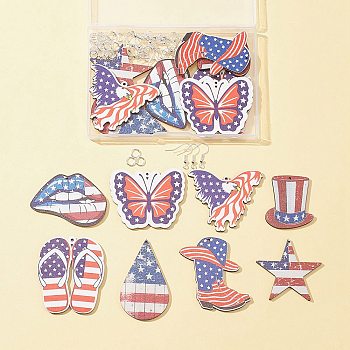 16Pcs 8 Styles Independence Day Theme Single Face Printed Aspen Wood Big Pendants, with Iron Earring Hooks and Brass Jump Rings, Dark Blue, 38.5~57.5x34~54.5x2.5mm, Hole: 1.2~2mm, 2pcs/style