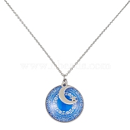 Steel Blue Glass Flat Round & Alloy Pendant Necklace, with 304 Stainless Steel Chains, Moon, 18.35 inch(46.6cm)(NJEW-JN04453-03)