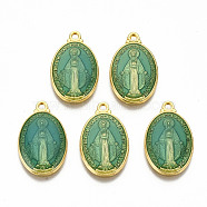 Brass Enamel Pendants, Long-Lasting Plated, Oval with Saint, Golden, Deep Sky Blue, 19.5x12x2mm, Hole: 1.5mm(KK-S345-179B)