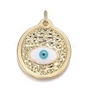 Brass Enamel Pendants, Long-Lasting Plated, Flat Round with Horse Evil Eye, White, Real 18K Gold Plated, 19.5x16.5x2.5mm, Hole: 3.5mm(X-ZIRC-F120-042G)