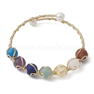 Natural & Synthetic Mixed Gemstone Beaded Cuff Bangle, Rack Plating Golden Copper Wire Wrap Bangle with Grade A Natural Pearl Beaded, Inner Diameter: 2 inch(5cm)(BJEW-JB09592)