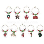 Christmas Theme Alloy Enamel Wine Glass Charms, with Brass Rings and Glass Beads, Mixed Shapes, Mixed Color, 39.5~58mm, 9pcs/set(AJEW-JO00178)
