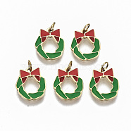 316 Surgical Stainless Steel Enamel Charms, with Jump Rings, Green Christmas Garland, Real 14K Gold Plated, 10x9x1mm, Jump Ring: 3.5x0.5mm, 2.5mm inner diameter(STAS-S116-005G)