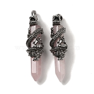 Natural Rose Quartz Pointed Big Pendants, Faceted Bullet Charms with Rack Plating Antique Silver Plated Alloy Gragon, Cadmium Free & Lead Free, 63~64x19~20x15.5mm, Hole: 7.5x6.5mm(G-D069-01J-AS)