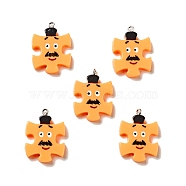 Opaque Resin Pendants, with Platinum Tone Iron Loops, Puzzle Charm with Face pattern, Sandy Brown, 30x22x5mm, Hole: 2mm(RESI-E024-04P-02)