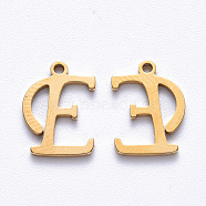 PVD Vacuum Plating 201 Stainless Steel Charms, Laser Cut, Real 18K Gold Plated, Letter.E, 12.5x9.5x1mm, Hole: 1mm(STAS-R105-E-G)