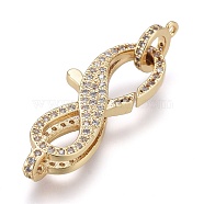 Brass Micro Pave Cubic Zirconia Lobster Claw Clasps, with Bail Beads/Tube Bails, Long-Lasting Plated, Number 8, Clear, Real 18K Gold Plated, 32x13x5mm, Hole: 2x2mm, Tube Bails: 10x8x2mm, Hole: 1.4mm(ZIRC-M108-03A-G)