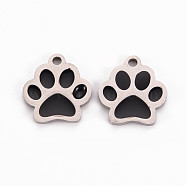 304 Stainless Steel Enamel Charms, Stainless Steel Color, Dog Paw Prints, Black, 13x12x1mm, Hole: 1.5mm(STAS-Q242-036A)