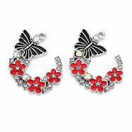 Alloy Rhinestone Pendants, with Enamel, Platinum, Butterfly with Flower, Red, 22x29x2mm, Hole: 1.8mm(PALLOY-N153-06B-RS)