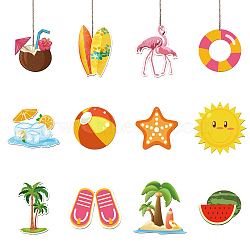 Summer Theme Wooden Pendant Decorations, Jute Cord Hanging Ornaments, Mixed Shapes, Mixed Shapes, 60~100x60~100mm, Hole: 3mm, 12style, 3pcs/style, 36pcs/set(WOOD-WH0037-008)