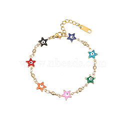 Golden Tone Stainless Steel Enamel Evil Eye Link Chain Bracelets for Women, Colorful, Star, 6-1/4 inch(16cm)(CI4530-1)