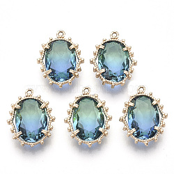 Transparent Faceted Glass Pendants, with Golden Tone Brass Open Back Settings, Oval, Pale Turquoise, 20x15x6mm, Hole: 1.2mm(GLAA-R212-04B)