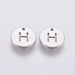 304 Stainless Steel Charms,  Flat Round with Letter, Stainless Steel Color, Letter.H, 10x1mm, Hole: 1mm(STAS-P212-15P-13)