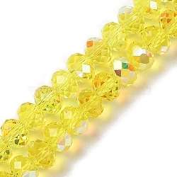 AB Color Plated Transparent Electroplate Beads Strands, Faceted, Round, Yellow, 7.5x6mm, Hole: 1mm, about 80~83pcs/strand, 18.31~19.88''(46.5~50.5cm)(EGLA-H104-06C)