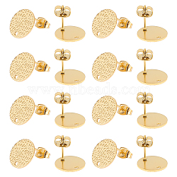 30Pcs Ion Plating(IP) 304 Stainless Steel Ear Stud Findings, with Hole and Friction Ear Nut, Textured Flat Round with Spot Lines, Golden, 12mm, Hole: 1.2mm, Pin: 0.8mm(STAS-UN0042-96)