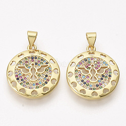 Brass Micro Pave Cubic Zirconia Pendants, Flat Round with Bird, Colorful, Golden, 21.5x18.5x2mm, Hole: 3x4mm(ZIRC-T012-22G)