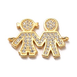 925 Sterling Silver Connector Charms, with Clear Cubic Zirconia, Boy & Girl, with 925 Stamp, Real 18K Gold Plated, 13.5x19.5x1.4mm, Hole: 1.2mm(STER-H110-08G)